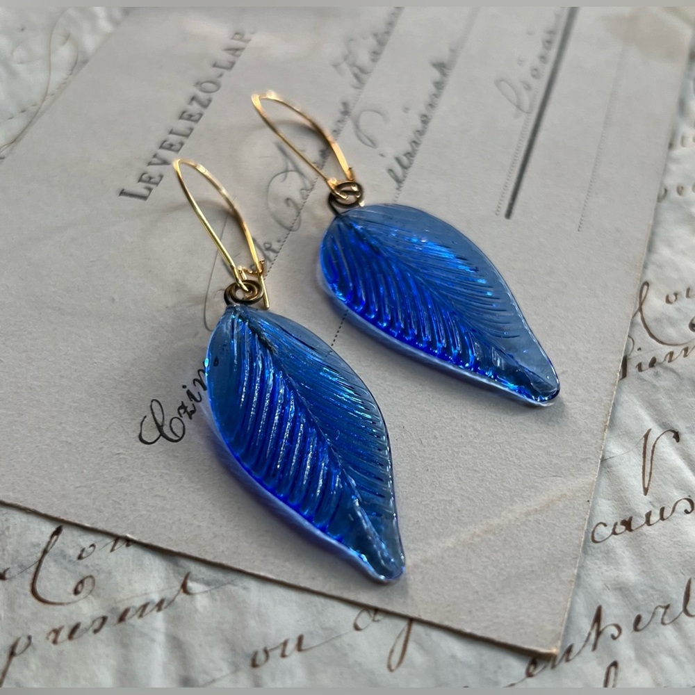 •Sold• Antique Glass Leaf Earrings, Shorter Pair